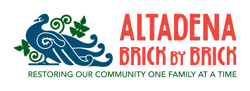 Altadena Brick By Brick logo - red letters on the right of a blue and green bird