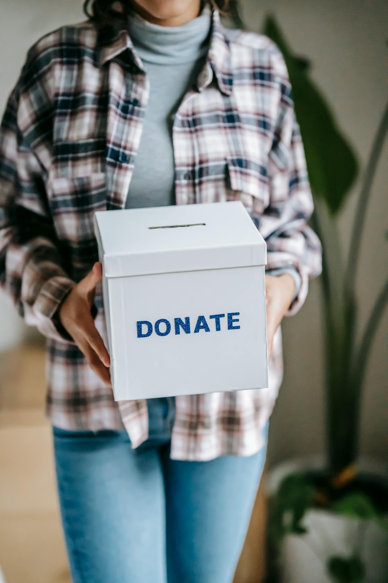donate Person walking holding a box that says Donate on the front.